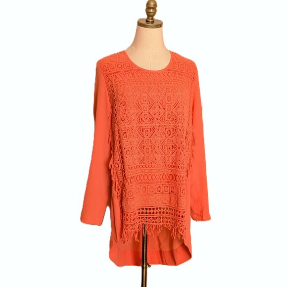 ALI MILES Tunic Top Women's Size L Orange Crochet with Fringe Hi Low - Picture 2 of 6